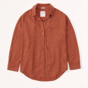 Abercrombie Oversized Linen-Blend Button-Up Shirt Paprika Rust Orange XXS